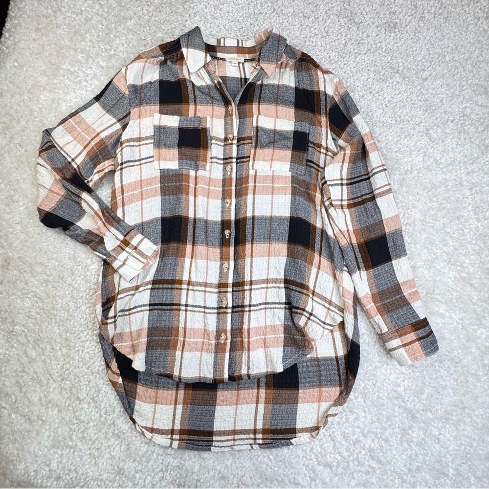 Anthropologie Pilcro Relaxed Long-Sleeve Checker Shirt Textured Boho Festival xs